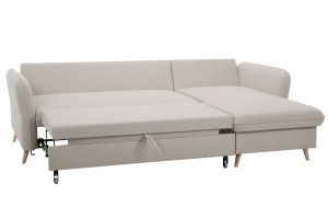 Canapé d'angle convertible réversible avec coffre 3-4 places en tissu beige et bois clair DRISS