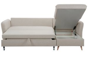 Canapé d'angle convertible réversible avec coffre 3-4 places en tissu beige et bois clair DRISS