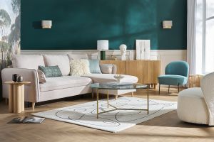 Canapé d'angle convertible réversible avec coffre 3-4 places en tissu beige et bois clair DRISS