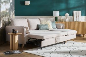 Canapé d'angle convertible réversible avec coffre 3-4 places en tissu beige et bois clair DRISS