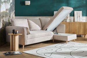 Canapé d'angle convertible réversible avec coffre 3-4 places en tissu beige et bois clair DRISS