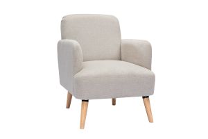 Fauteuil scandinave en tissu effet velours texturé beige et bois clair ISKO