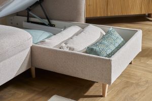 Canapé d'angle convertible réversible avec coffre 3-4 places en tissu beige et bois clair DRISS