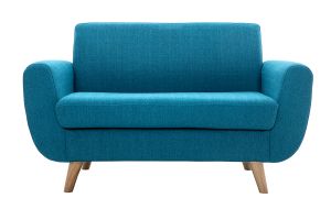 Canapé scandinave 2 places en tissu bleu canard et bois clair PURE