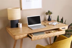 Bureau connecté multimédia  avec tiroir bois clair massif L120 cm CLEVER