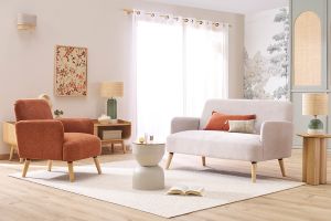 Fauteuil scandinave en tissu effet velours texturé terre brûlée et bois clair ISKO