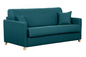 Canapé convertible 3 places en tissu bleu canard et bois clair avec matelas 13 cm SKANDY