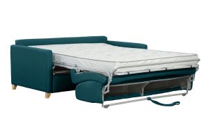 Canapé convertible 3 places en tissu bleu canard et bois clair avec matelas 13 cm SKANDY