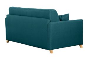 Canapé convertible 3 places en tissu bleu canard et bois clair avec matelas 13 cm SKANDY