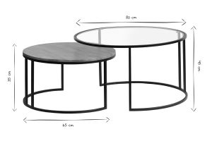 Tables basses gigognes rondes verre trempé, bois manguier massif et métal noir (lot de 2) TAHL