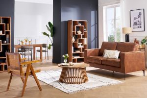 Canapé vintage 2-3 places cuir marron cognac aspect vieilli et métal noir SONNY