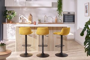 Tabourets de bar réglables pivotants 360° en tissu effet velours texturé jaune moutarde et métal (lot de 2) BOOST