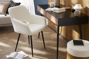 Chaises en tissu effet laine bouclée blanc cassé et métal noir (lot de 2) LAURETTE