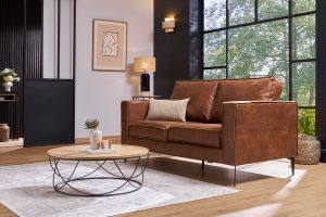 Canapé vintage 2-3 places cuir marron cognac aspect vieilli et métal noir SONNY