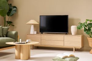 Meuble TV scandinave bois clair chêne 2 portes 2 tiroirs L180cm SID