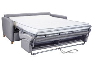 Canapé convertible 3 places en tissu gris clair et bois clair avec matelas 18 cm SKANDY