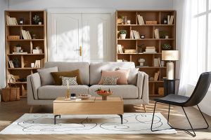 Canapé scandinave 3 places en tissu beige naturel et bois clair VOGUE