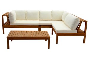 Salon de jardin d'angle 6 places en bois massif avec coussins déhoussables beige naturel BELIZE