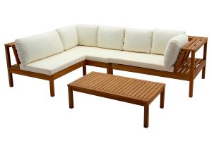 Salon de jardin d'angle 6 places en bois massif avec coussins déhoussables beige naturel BELIZE