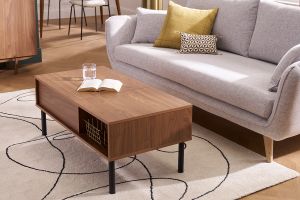 Table basse relevable rectangulaire bois foncé finition noyer et métal noir L100 cm KANE