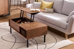 Table basse relevable rectangulaire bois foncé finition noyer et métal noir L100 cm KANE