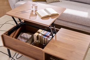 Table basse relevable rectangulaire bois foncé finition noyer et métal noir L100 cm KANE