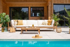 Salon de jardin d'angle 6 places en bois massif avec coussins déhoussables beige naturel BELIZE
