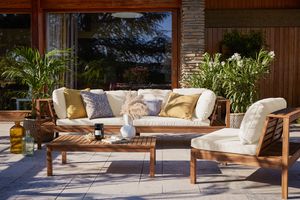 Salon de jardin d'angle 6 places en bois massif avec coussins déhoussables beige naturel BELIZE
