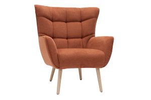 Fauteuil scandinave en tissu effet velours texturé terre brûlée et bois clair AVERY