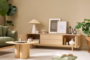 Meuble TV scandinave bois clair chêne 2 portes 2 tiroirs L180cm SID