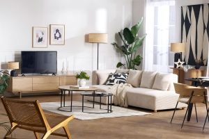 Meuble TV scandinave bois clair chêne 2 portes 2 tiroirs L180cm SID