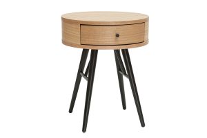 Table de chevet ronde avec tiroir bois clair et métal noir KORAL