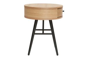 Table de chevet ronde avec tiroir bois clair et métal noir KORAL
