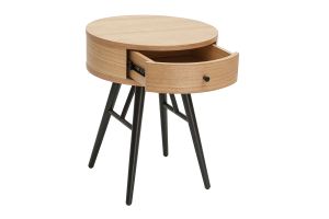 Table de chevet ronde avec tiroir bois clair et métal noir KORAL