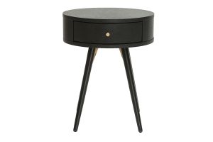 Table de chevet ronde avec tiroir bois et métal noir KORAL