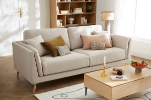 Canapé scandinave 3 places en tissu beige naturel et bois clair VOGUE