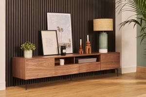 Meuble TV design bois foncé noyer et métal noir 2 portes 2 tiroirs L200 cm BLISS