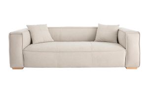 Canapé design 3 places en tissu effet velours beige naturel et bois clair COBAIN