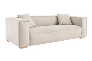 Canapé design 3 places en tissu effet velours beige naturel et bois clair COBAIN