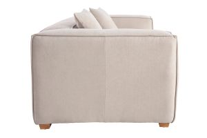 Canapé design 3 places en tissu effet velours beige naturel et bois clair COBAIN