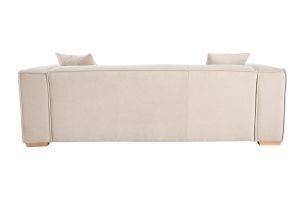 Canapé design 3 places en tissu effet velours beige naturel et bois clair COBAIN