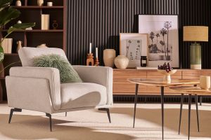 Fauteuil design en tissu effet velours texturé gris et métal noir MOSCO