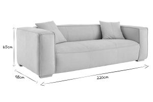 Canapé design 3 places en tissu effet velours beige naturel et bois clair COBAIN