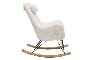 Rocking chair scandinave en tissu effet peau de mouton blanc, métal noir et bois clair MANIA