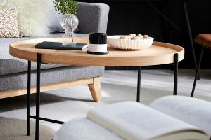 Table basse ronde bois clair et métal noir D90 cm BASSY