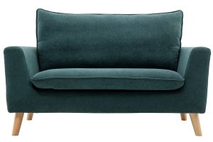 Canapé scandinave 2 places en tissu effet velours bleu canard et bois clair JONAS