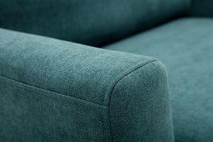 Canapé scandinave 2 places en tissu effet velours bleu canard et bois clair JONAS