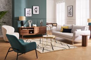 Fauteuil design en tissu effet velours bleu canard et métal noir MAXINE