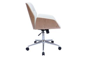 Chaise de bureau à roulettes design blanc, bois clair et acier chromé  MARLOW