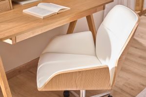 Chaise de bureau à roulettes design blanc, bois clair et acier chromé  MARLOW